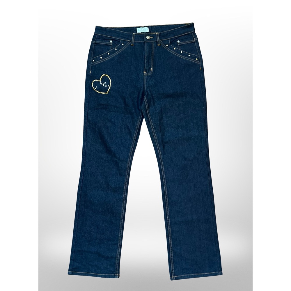 Diversa Y2K Womens 14 Studded Heart Bling Bootcut Jeans Dark Wash Denim 2000s - Picture 5 of 16
